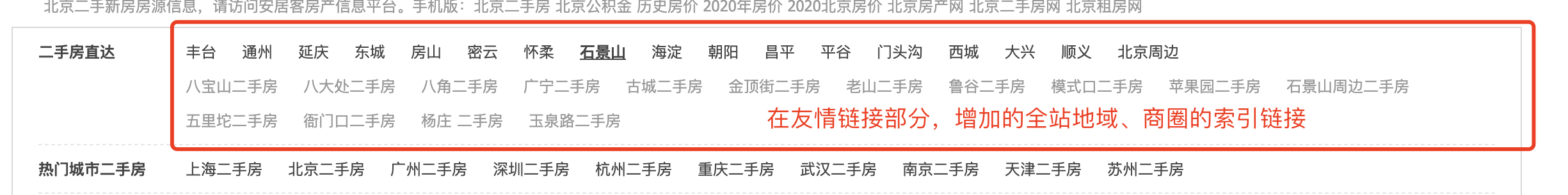 某網(wǎng)站針對全站地域?qū)傩缘木W(wǎng)頁增加了索引形態(tài)的鏈接策略示例圖